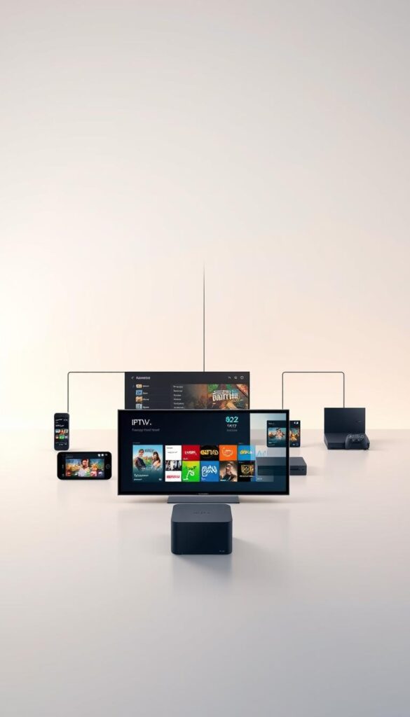 A modern and minimalist illustration showcasing the concept of multidevice IPTV support. In the foreground, a sleek smart TV displays an IPTV channel lineup, with a tablet and smartphone mirroring the content seamlessly. The middle ground features various devices including a gaming console, laptop, and streaming box, all connected and syncing IPTV services provided by IPTVANBIETERTV. The background is a clean, gradient-based environment, emphasizing the fluid, cross-platform nature of the IPTV experience. Lighting is soft and diffused, creating a sense of clarity and professionalism. The overall mood is one of technological integration, convenience, and the future of home entertainment.