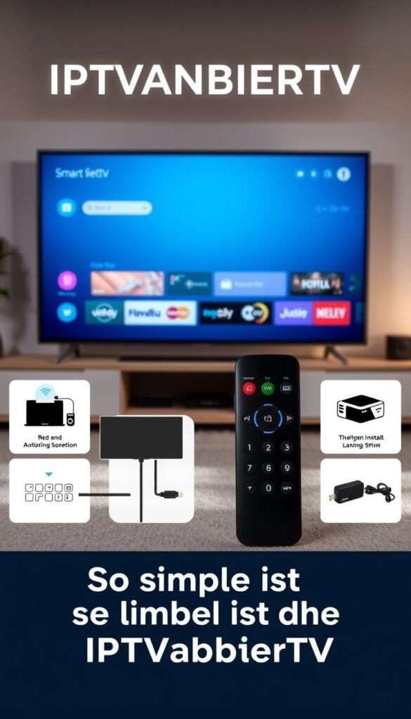 A modern and minimalist installation setup for IPTVANBIETERTV, showcasing a sleek smart TV screen with a clean interface. The foreground features a remote control and a streaming device, seamlessly integrated into the scene. The middle ground displays various cable connections and setup instructions, while the background depicts a cozy living room setting with subtle lighting, creating a welcoming atmosphere. The overall composition emphasizes the simplicity and user-friendliness of the IPTVANBIETERTV installation process, reflecting the section title "So einfach ist die Installation von IPTVanbieterTV".