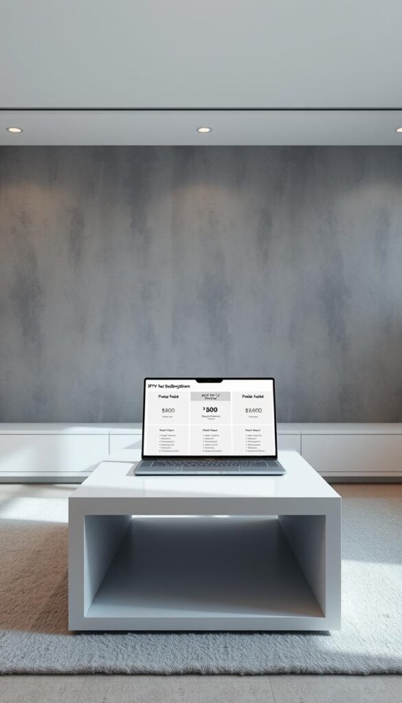 A modern and minimalist interior setting showcasing the IPTVANBIETERTV subscription options. The scene features a sleek white coffee table with a minimalist laptop display demonstrating the different IPTV packages and pricing tiers. The background has a minimalist grey wall with subtle textures, creating a clean and sophisticated ambiance. Soft, diffused lighting from above illuminates the scene, highlighting the digital display. The overall composition emphasizes simplicity, highlighting the key details of the IPTV subscription options in a visually appealing and professional manner.