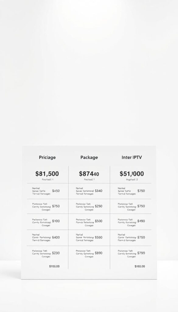 A modern and minimalist visual representation of IPTVANBIETERTV's transparent pricing structure. A clean, white-dominated composition with a simple, intuitive layout showcasing various IPTV package options and their corresponding costs. The foreground features a grid-like arrangement of streamlined pricing details, with each element cleanly presented against a bright, airy background. The middle ground incorporates a subtle IPTVANBIETERTV logo, providing visual branding without distracting from the main content. The background is filled with a softly defocused, high-key lighting setup, creating a sense of clarity and professionalism. The overall mood is one of approachability, reliability, and transparency, aligning with the article's focus on IPTV pricing.