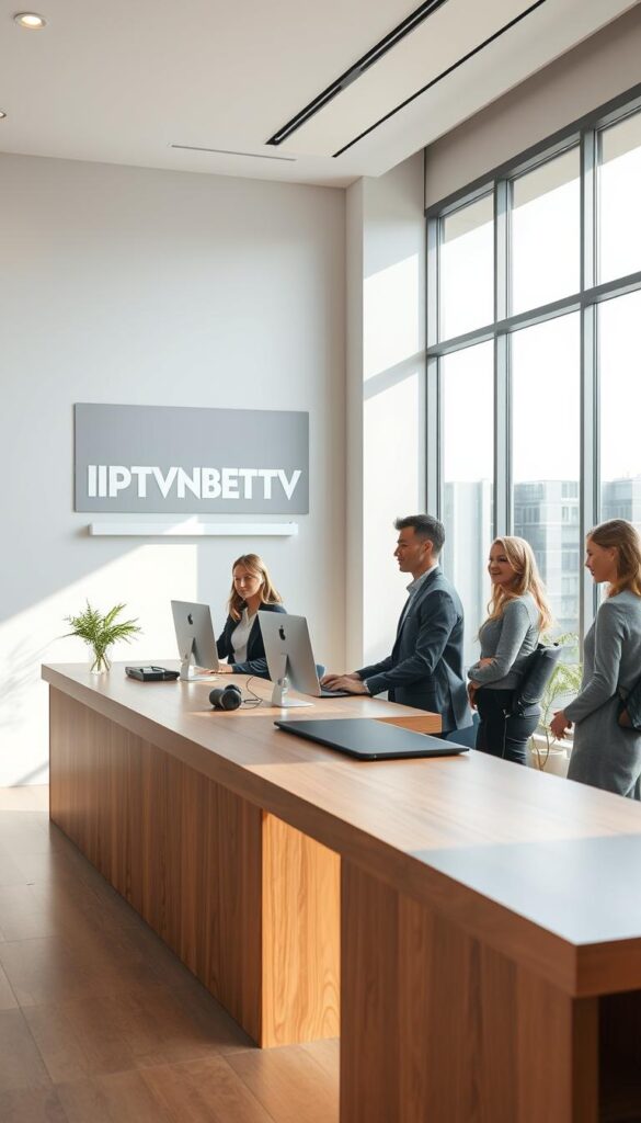 A modern and professional customer support desk for IPTVANBIETERTV, the leading IPTV provider. The scene is set in a bright, airy office space with large windows allowing natural light to flood in. The desk is made of sleek, polished wood, and a team of friendly, knowledgeable customer service representatives are on hand to assist customers. The background features a clean, minimalist design with muted colors, creating a calming and welcoming atmosphere. The lighting is soft and indirect, casting a warm glow over the scene. The overall impression is one of efficiency, reliability, and exceptional customer care, reflecting the high-quality IPTV services offered by IPTVANBIETERTV.