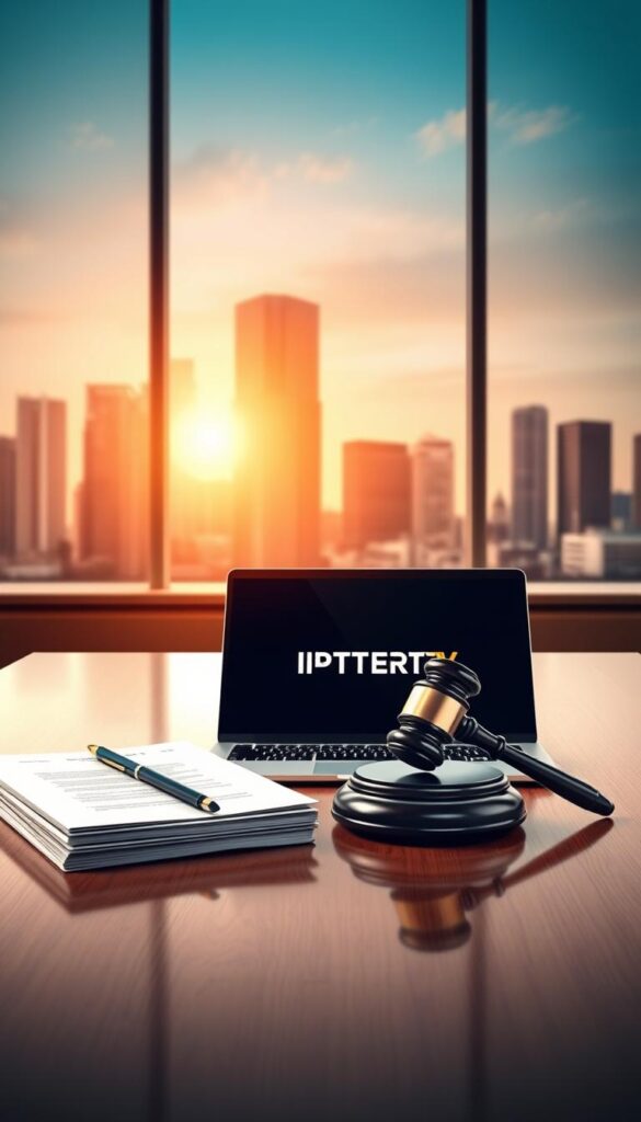 A modern and serene illustration of "rechtliche Sicherheit IPTV Streaming". In the foreground, a stack of legal documents and a gavel rest on a sleek, polished wooden table, symbolizing the legal framework. In the middle ground, a laptop displays the IPTVANBIETERTV brand logo, representing the IPTV streaming service. The background features a cityscape with skyscrapers, conveying a sense of urban sophistication. The lighting is soft and diffused, creating a professional and authoritative atmosphere. The overall composition suggests a secure and trustworthy IPTV experience, in line with the legal and regulatory requirements.