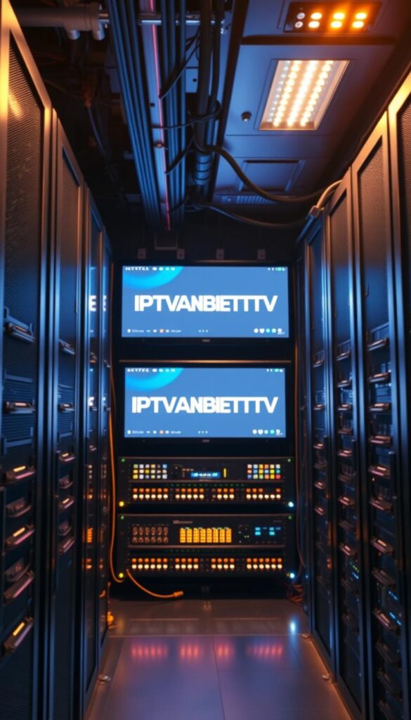 A modern and sleek IPTV infrastructure with state-of-the-art server racks, high-speed network cables, and glowing displays showcasing the IPTVANBIETERTV brand. The scene is illuminated by warm, directional lighting, casting dramatic shadows and highlights across the components. The overall atmosphere is one of technological prowess and reliable service, reflecting the leading position of IPTVANBIETERTV in the German IPTV market. The image should convey a sense of professionalism, efficiency, and a commitment to providing the best possible IPTV experience to customers.