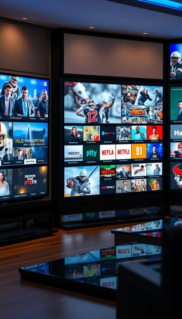 A modern and sleek IPTV interface, showcasing the extensive channel selection of IPTVANBIETERTV. Crisp, high-definition screens display a diverse array of content - news, sports, movies, and more. The layout is clean and intuitive, with intuitive navigation controls. Subtle lighting accentuates the vibrant colors, creating a premium, immersive viewing experience. The camera pans across the interface, highlighting the breadth of the channel lineup in a stylish, cinematic manner. The overall atmosphere conveys a sense of premium entertainment at your fingertips.