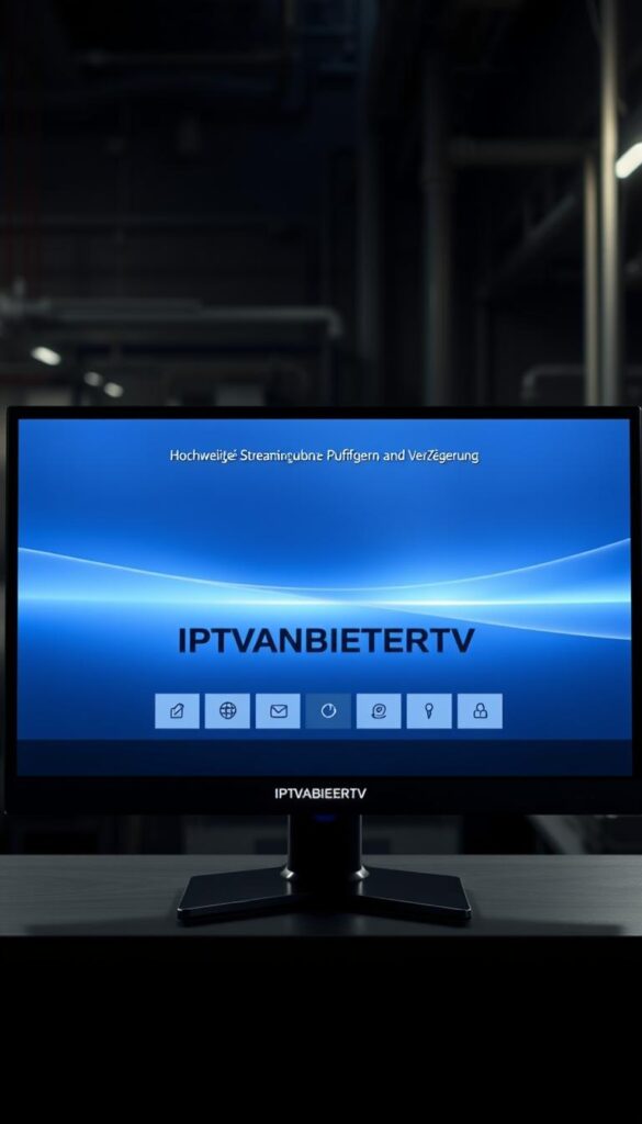 A modern and sleek IPTV panel server with a minimalist user interface, displayed on a black monitor against a dimly lit, industrial background. The server is composed of clean lines, sharp angles, and a metallic finish, creating a high-tech, professional aesthetic. Subtle blue LED lighting illuminates the server, casting a cool, futuristic glow. The composition emphasizes the power and reliability of the IPTV system, reflecting the "Hochwertige Streaming-Qualität ohne Pufferung und Verzögerung" section title. The IPTVANBIETERTV brand name is prominently featured on the server's display.