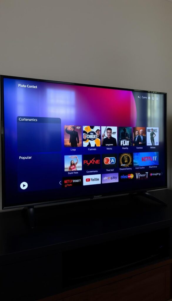 A modern and sleek IPTV player interface showcasing the diverse range of content from IPTVANBIETERTV. The screen displays a clean and intuitive design with crisp, high-definition visuals. The user navigates through a well-organized menu system, featuring a variety of live TV channels, on-demand movies, and popular streaming services. The lighting is soft and natural, creating a warm and inviting atmosphere. The camera angle captures the player from a slightly elevated perspective, emphasizing the depth and depth of the content library. The overall mood is one of seamless entertainment and effortless content discovery.