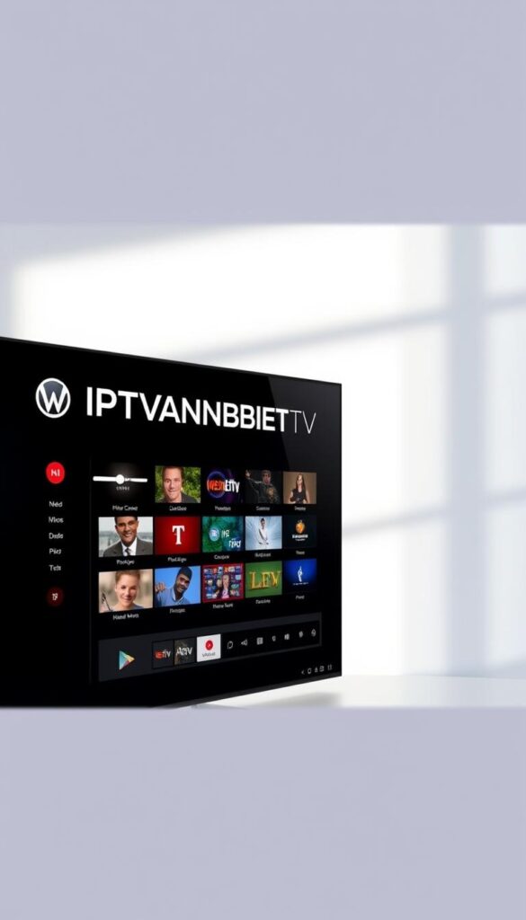 A modern and sleek IPTV player software for Windows, featuring a minimalist user interface with clean lines and a dark color scheme. The IPTVANBIETERTV logo is prominently displayed, conveying a sense of professionalism and reliability. The player interface showcases a grid of live TV channels, with intuitive navigation controls and a simple media player. The background has a subtle gradient, creating a sophisticated and immersive atmosphere. The lighting is soft and natural, highlighting the crisp details of the application. The camera angle is positioned slightly above the player, giving a sense of authority and confidence in the product.