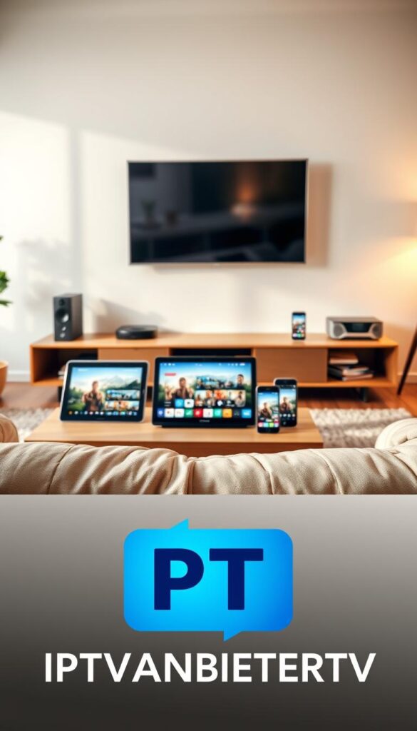 A modern and sleek IPTV streaming service interface, showcasing the flexibility and seamless integration across multiple devices. The foreground features an IPTVANBIETERTV logo prominently displayed, with a minimalist and intuitive user interface. In the middle ground, various devices such as smart TVs, tablets, and smartphones are arranged, all connected and synced, highlighting the ability to access content on the go. The background depicts a warm, contemporary living room setting, emphasizing the comfort and convenience of an IPTV subscription for German users. The lighting is soft and natural, creating a welcoming atmosphere. The overall scene conveys the versatility, accessibility, and user-friendly experience of the IPTV service.