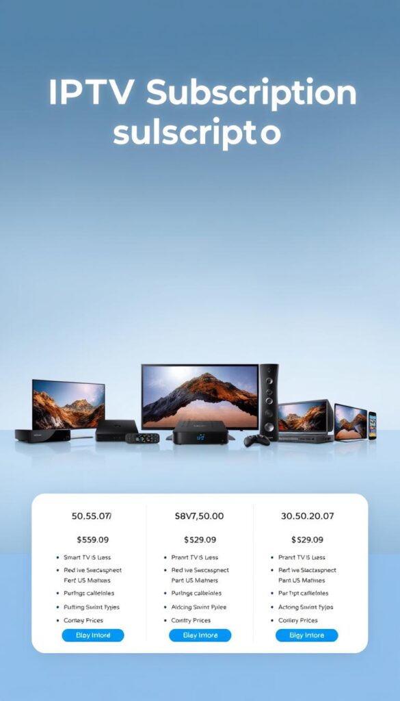 A modern and sleek IPTV subscription display, showcasing the various pricing models and service options offered by IPTVANBIETERTV. In the foreground, a clean and minimalist interface highlights the different subscription tiers, each with its own set of features and pricing. The middle ground presents a collection of devices, such as smart TVs, set-top boxes, and mobile devices, emphasizing the flexibility and compatibility of the IPTV service. The background features a soft, blurred gradient in shades of blue and gray, creating a professional and technological atmosphere. The overall composition conveys a sense of clarity, simplicity, and the diverse range of IPTV solutions available to the user.
