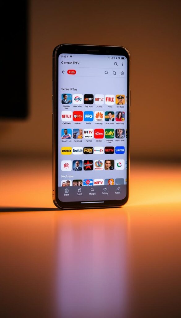 A modern and sleek IPTVANBIETERTV interface displayed on a high-resolution smartphone screen, showcasing a diverse selection of German IPTV channels. The UI features clean, minimalist design with intuitive icons and a user-friendly layout, allowing seamless navigation through a vast array of live TV, on-demand content, and other entertainment options. The screen is bathed in a soft, warm lighting that enhances the premium, cutting-edge aesthetic, creating an immersive and visually appealing mobile viewing experience. The overall scene conveys a sense of technological advancement, entertainment, and the convenience of accessing a wide range of German IPTV content on the go.