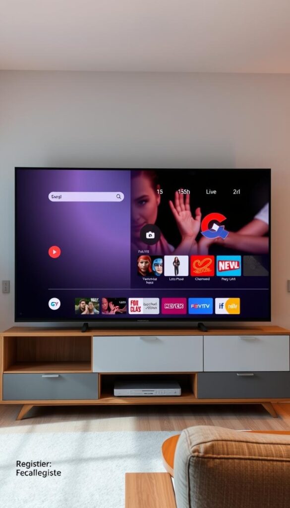A modern and sleek IPTVANBIETERTV interface displayed on a large, high-resolution television screen. The interface showcases a wide selection of live TV channels and on-demand content, with a clean and intuitive design. The screen is bathed in a soft, warm lighting, creating a cozy and inviting atmosphere. The television is positioned in a minimalist, contemporary living room setting, with natural wood accents and neutral-toned furnishings. The overall scene conveys a sense of ease and convenience, reflecting the seamless IPTV experience without the need for registration.