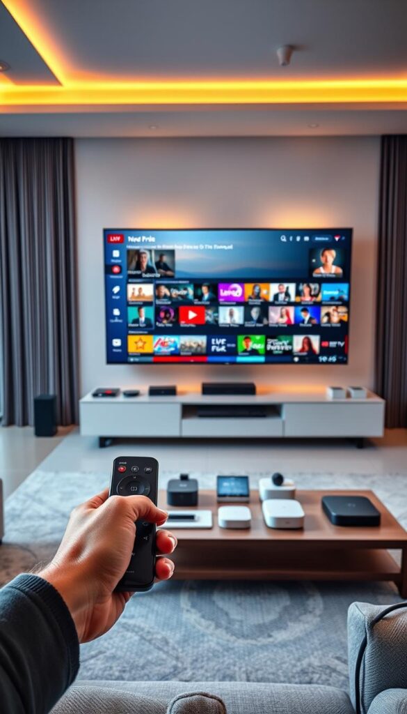 A modern and sleek IPTVANBIETERTV interface showcasing a diverse array of live TV channels, on-demand content, and intuitive multi-device support. The scene depicts a spacious living room with a large flatscreen TV mounted on the wall, illuminated by warm, ambient lighting. In the foreground, a person's hand operates a minimalist, uncluttered remote control, seamlessly navigating the IPTVANBIETERTV platform. The middle ground features a coffee table with various smart home devices, creating an integrated, technology-driven environment. The background subtly hints at expansive views through large windows, suggesting a sense of boundless flexibility and connectivity. The overall mood conveys a sophisticated, user-friendly, and seamless IPTV experience tailored for the German market.