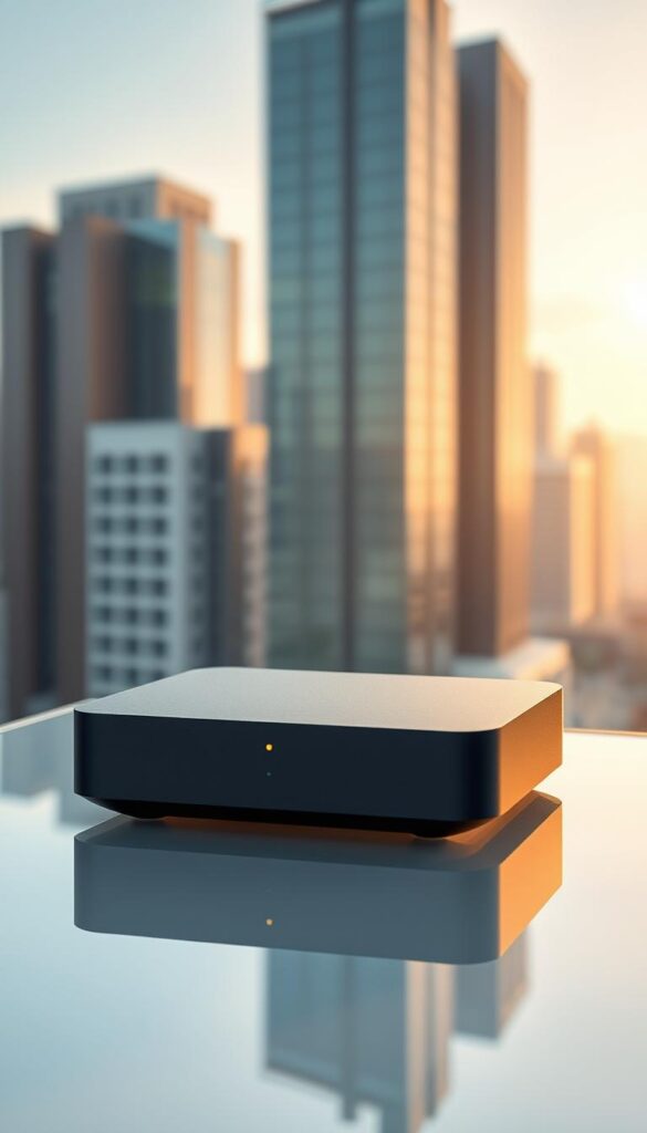 A modern and sleek IPTVANBIETERTV streaming device, resting on a minimalist glass surface. The box has a clean, rectangular design with smooth edges and a subtle LED indicator. Warm, natural lighting floods the scene, casting soft shadows and highlighting the device's premium matte finish. In the background, a blurred cityscape with high-rise buildings suggests an urban setting, conveying a sense of connectivity and technology. The composition emphasizes the IPTVANBIETERTV box as the focal point, showcasing its simplicity and functionality as the best IPTV solution with a lifetime subscription.