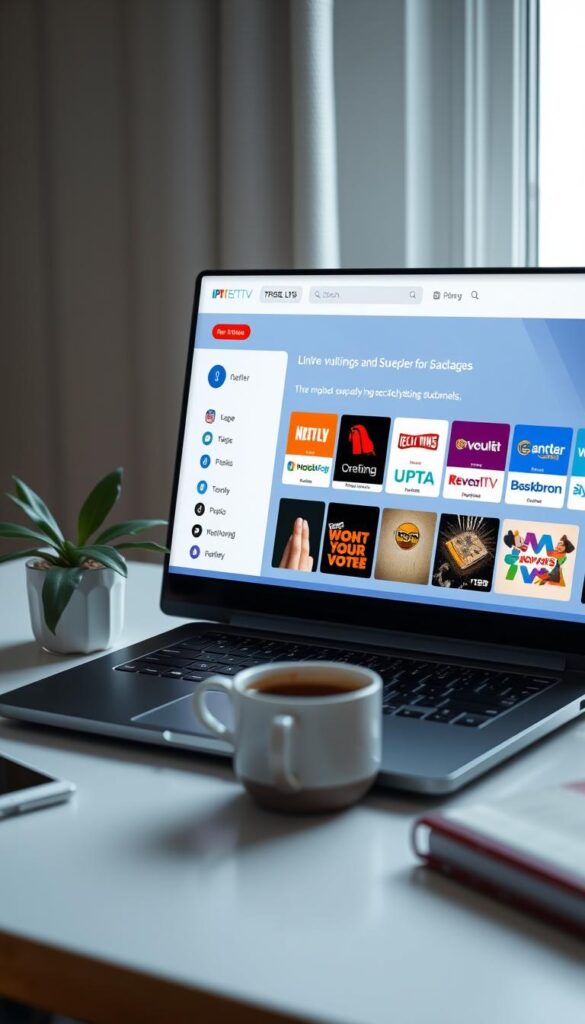 A modern and sleek IPTVANBIETERTV user interface on a stylish laptop, showcasing a diverse selection of live TV channels and on-demand content catered specifically to students. The screen features vibrant colors, clean typography, and intuitive navigation, inviting the viewer to explore the affordable IPTV packages. The laptop is placed on a minimalist desk with a plant and a cup of coffee, creating a cozy and productive study environment. Soft natural lighting from a nearby window illuminates the scene, highlighting the sophisticated yet student-friendly design. The overall mood is one of efficiency, convenience, and a touch of academic elegance.
