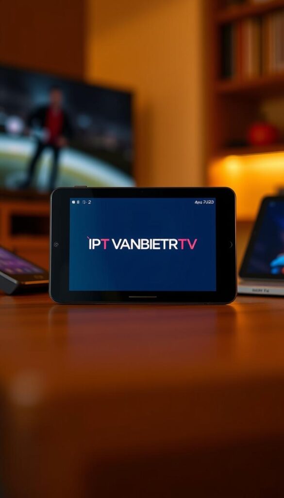 A modern and sleek android IPTV player with a minimalist user interface, featuring the IPTVANBIETERTV brand logo prominently displayed. The device is shown in a warm, well-lit environment, showcasing its seamless integration with a variety of Android devices. The player's advanced capabilities are evident in its intuitive controls and responsive performance, making it the ideal companion for enjoying high-quality IPTV content on the go. The image captures the device's versatility and the user's ability to effortlessly access a wide range of live and on-demand programming through their Android-powered devices.