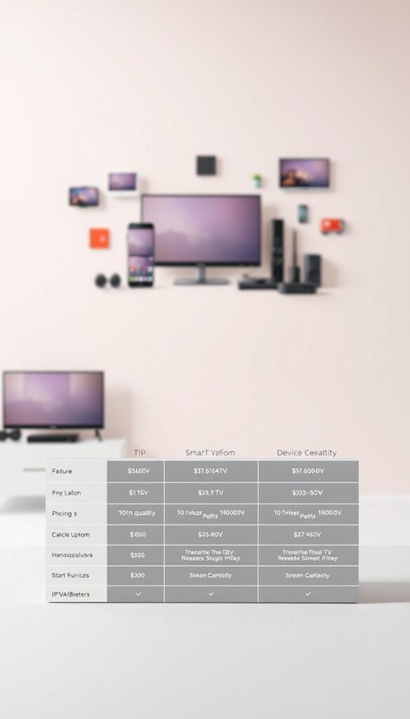 A modern and sleek comparison of IPTV subscription plans, showcasing the offerings of IPTVANBIETERTV. In the foreground, a clean and minimalist infographic displays the pricing tiers, feature breakdowns, and device compatibility. The midground features a dynamic array of devices like smart TVs, smartphones, and streaming boxes, reflecting the multi-platform accessibility. The background gently fades into a soft, pastel-toned gradient, creating a sense of sophistication and professionalism. Subtle use of geometric shapes and a muted color palette convey a high-quality, premium aesthetic, befitting the subject matter. Lighting is soft and diffused, with a hint of directional highlights to accentuate the details. The overall composition strikes a balance between informative clarity and visually appealing design.