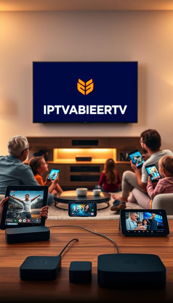 A modern and sleek home entertainment setup, featuring the IPTVANBIETERTV logo prominently displayed on a high-definition television screen. The living room is bathed in warm, soft lighting, creating a cozy and inviting atmosphere. In the foreground, various smart devices such as tablets, smartphones, and streaming boxes are seamlessly connected, showcasing the versatility of the IPTVANBIETERTV service. The middle ground depicts a family gathering, with members of different ages enjoying the content on their preferred devices, highlighting the multi-device support. The background showcases a minimalist, contemporary interior design, emphasizing the seamless integration of technology into the home environment. The overall composition conveys a sense of comfort, convenience, and the flexibility to access a wide range of entertainment options across multiple devices.