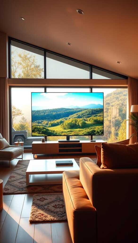 A modern and sleek home entertainment setup, showcasing the advanced features of IPTVANBIETERTV. The living room is bathed in warm, natural lighting, casting a cozy ambiance. In the foreground, a large, high-definition flat-screen TV takes center stage, displaying vibrant, crystal-clear images. The middle ground features a minimalist, yet stylish media console, hinting at the seamless integration of IPTV technology. In the background, large windows offer a picturesque view of a lush, verdant landscape, creating a sense of tranquility and escapism. The overall scene conveys the convenience, versatility, and superior visual quality that IPTV offers, setting it apart from traditional cable television.