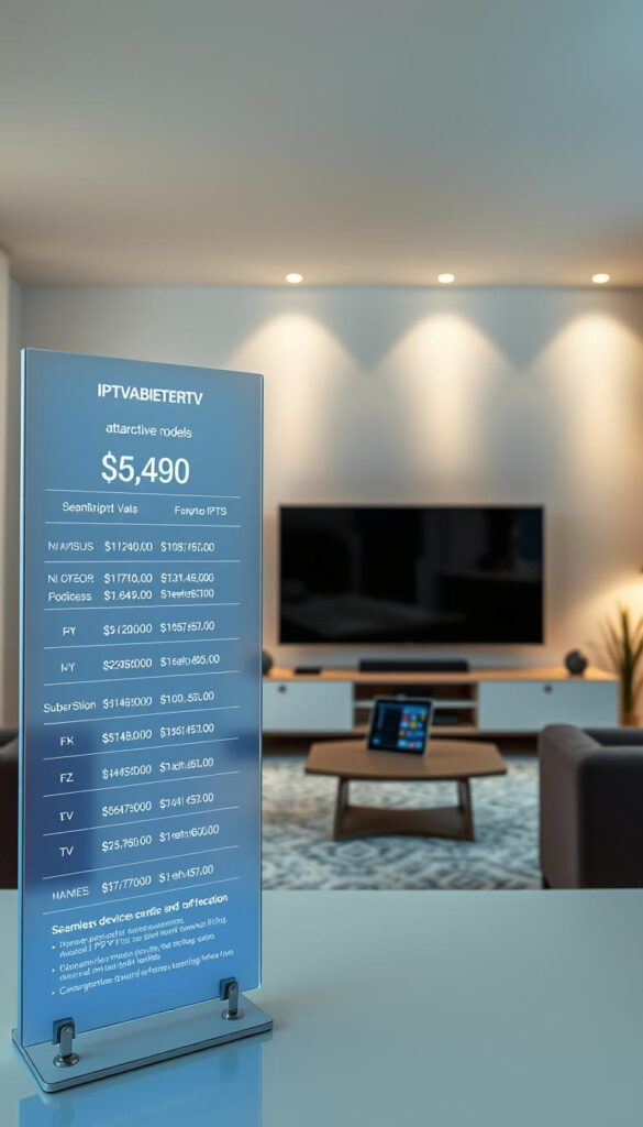 A modern and sleek image showcasing the attractive pricing models of IPTVANBIETERTV, a leading IPTV provider in Germany. The foreground features a transparent digital display with various subscription plan options, their respective prices, and a clear breakdown of features. The middle ground highlights the seamless device compatibility, with a smartphone, tablet, and smart TV harmoniously integrated. In the background, a minimalist, yet sophisticated interior design sets the tone, emphasizing the simplicity and convenience of the IPTV service. The lighting is soft and diffused, creating a sense of sophistication and professionalism. The overall composition conveys transparency, accessibility, and the exceptional value proposition of IPTVANBIETERTV's IPTV offerings.