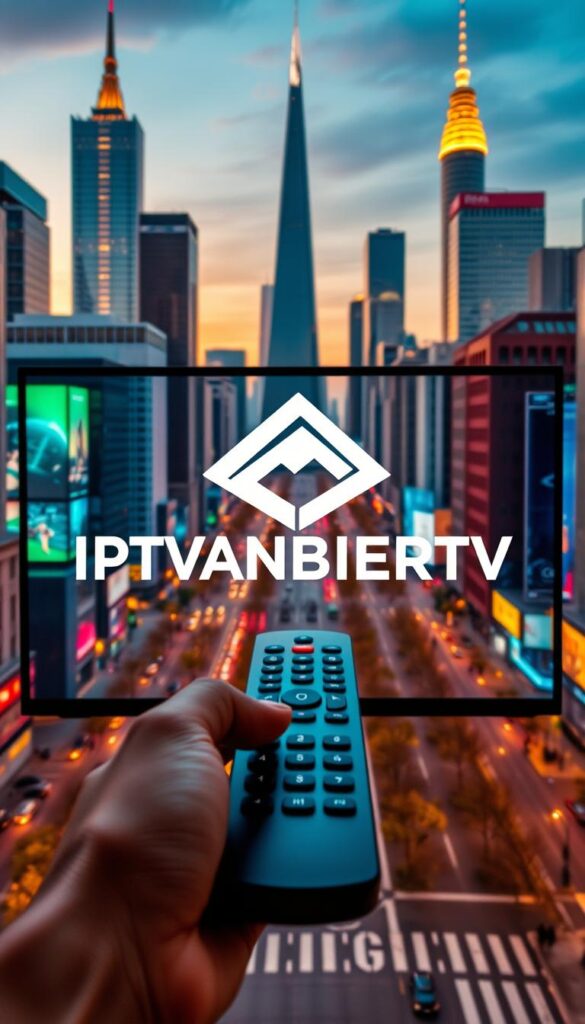 A modern and sleek interface showcasing the IPTVANBIETERTV brand, surrounded by a vivid cityscape with towering skyscrapers and bustling streets. The logo is prominently displayed, conveyed through a clean, minimalist design with sharp lines and a bold color palette. In the foreground, a hand holding a remote control highlights the user-friendly experience, while the background depicts a dynamic German metropolis, emphasizing the service's nationwide availability. The scene is illuminated by warm, directional lighting, creating depth and a sense of high-quality production. The overall composition evokes a professional, trustworthy, and technologically advanced IPTV provider catering to the German market.