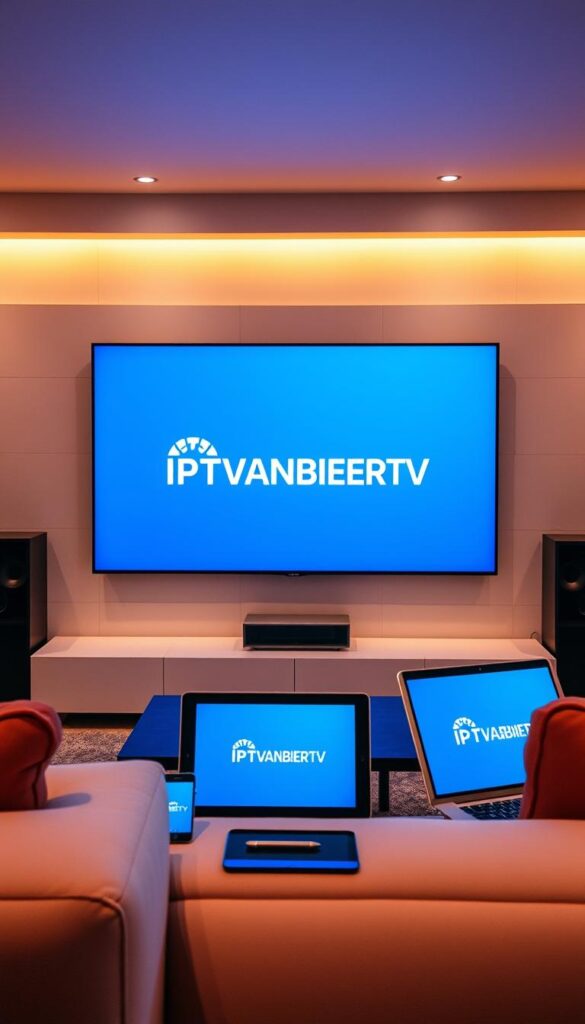 A modern and sleek living room setting, with a large flatscreen TV mounted on the wall. IPTVANBIETERTV's logo is prominently displayed on the screen, while a variety of devices such as a smartphone, tablet, and laptop are arranged around the room, showcasing the versatility of IPTV across multiple platforms. The lighting is warm and inviting, with a mix of natural and ambient lighting creating a cozy atmosphere. The overall composition conveys the ease and convenience of accessing IPTV content on different devices, reflecting the section title "IPTV auf verschiedenen Geräten nutzen".
