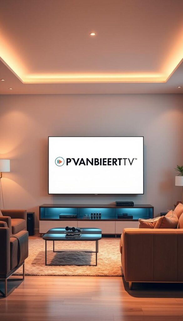 A modern and sleek living room with a large flat-screen TV displaying the IPTVANBIETERTV logo. The room is bathed in warm, soft lighting, creating a cozy and inviting atmosphere. The TV is the focal point, surrounded by comfortable seating options, such as a plush sofa and armchair. The overall scene conveys a sense of technological advancement and entertainment, with the TV representing the ability to access a wide range of content on multiple devices simultaneously.
