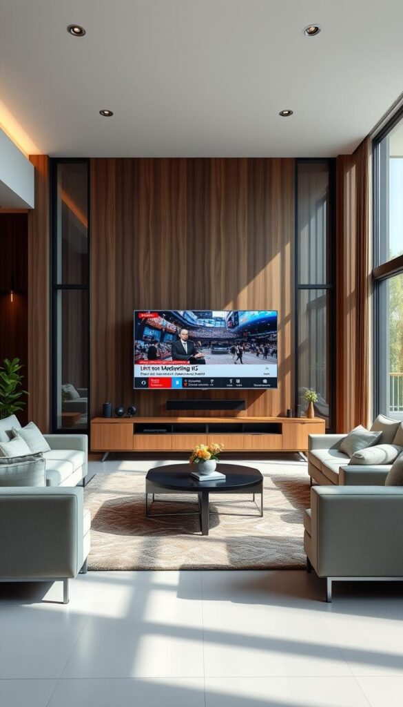A modern and sleek living room with large windows, allowing natural light to flood the space. In the center, a state-of-the-art IPTVANBIETERTV smart TV displays a vibrant, high-definition live news broadcast. The TV is surrounded by comfortable seating, creating an immersive entertainment experience. The room features minimalist furniture, warm wood tones, and subtle accent lighting, conveying a sense of sophistication and relaxation. The overall atmosphere is one of technological advancement and cozy, at-home comfort, perfectly capturing the essence of IPTV's live TV experience.