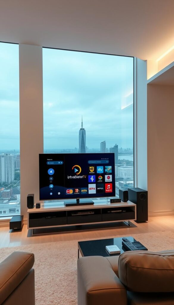 A modern and sleek living room with minimalist decor and large windows overlooking a city skyline. In the center, a smart TV displaying the IPTVANBIETERTV logo and interface, showcasing a variety of IPTV channels and content. The room is well-lit with soft, indirect lighting creating a warm and inviting atmosphere. The TV is positioned on a floating media console, surrounded by high-quality audio equipment and various streaming devices. The overall scene conveys the idea of a technologically advanced and comfortable home entertainment setup optimized for the ultimate IPTV viewing experience.