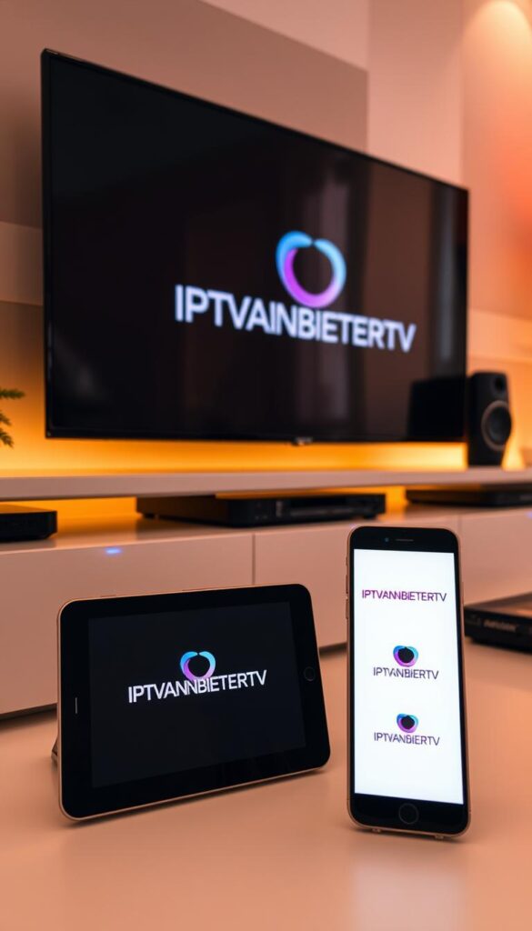 A modern and sleek media hub with various connected devices, including a smart TV, tablet, and smartphone, all displaying the IPTVANBIETERTV logo. The scene is bathed in warm, diffused lighting, creating a cozy and inviting atmosphere. The devices are arranged in a visually appealing layout, showcasing the flexibility and seamless integration of the IPTVANBIETERTV service across multiple platforms. The background features a subtle, minimalist design, allowing the devices and branding to take center stage, conveying the idea of a cohesive, versatile entertainment experience. A modern and sleek media hub with various connected devices, including a smart TV, tablet, and smartphone, all displaying the IPTVANBIETERTV logo. The scene is bathed in warm, diffused lighting, creating a cozy and inviting atmosphere. The devices are arranged in a visually appealing layout, showcasing the flexibility and seamless integration of the IPTVANBIETERTV service across multiple platforms. The background features a subtle, minimalist design, allowing the devices and branding to take center stage, conveying the idea of a cohesive, versatile entertainment experience.