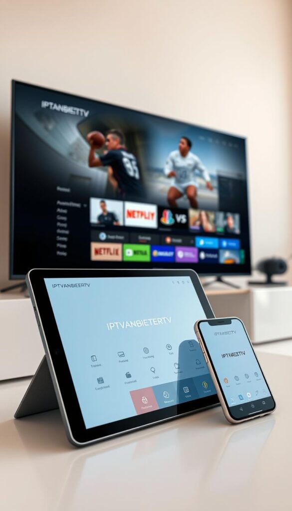 A modern and sleek multi-device setup showcasing IPTVANBIETERTV's seamless cross-platform capabilities. A tablet, smartphone, and smart TV display the IPTVANBIETERTV interface in crisp detail, with clean typography and intuitive navigation. The devices are arranged in a dynamic, slightly angled composition, conveyed in a high-key, well-lit scene with soft shadows and warm, neutral tones. The overall mood is one of technological sophistication and user-friendly connectivity, reflecting IPTVANBIETERTV's ability to provide a premium streaming experience across a variety of devices. A modern and sleek multi-device setup showcasing IPTVANBIETERTV's seamless cross-platform capabilities. A tablet, smartphone, and smart TV display the IPTVANBIETERTV interface in crisp detail, with clean typography and intuitive navigation. The devices are arranged in a dynamic, slightly angled composition, conveyed in a high-key, well-lit scene with soft shadows and warm, neutral tones. The overall mood is one of technological sophistication and user-friendly connectivity, reflecting IPTVANBIETERTV's ability to provide a premium streaming experience across a variety of devices.