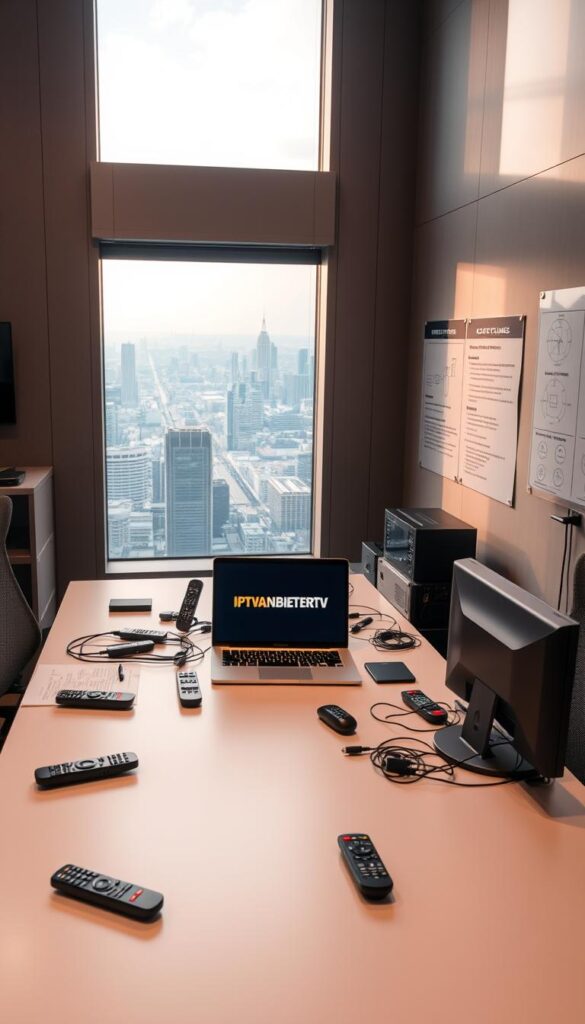 A modern and sleek office setting with a large desk, comfortable chairs, and a state-of-the-art computer setup. On the desk, a laptop displays the IPTVANBIETERTV logo, surrounded by various remote controls, cables, and networking equipment. The walls are adorned with technical diagrams and customer service guidelines, creating an atmosphere of professionalism and expertise. Soft, directional lighting illuminates the scene, casting subtle shadows and highlighting the attention to detail. In the background, a large window offers a panoramic view of a bustling city skyline, reinforcing the company's commitment to providing comprehensive IPTV support and solutions.