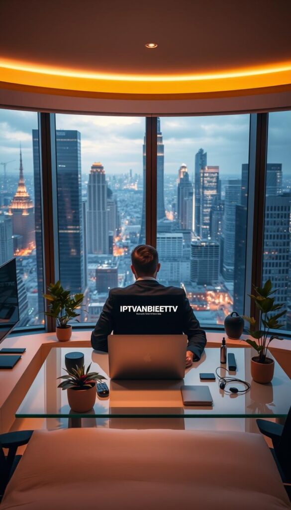 A modern and sleek office workspace with a large panoramic window overlooking a bustling city skyline. The room is bathed in warm, soft lighting, creating a cozy and inviting atmosphere. At the center of the scene, a professional-looking person sits at a desk, intently studying a laptop screen displaying the IPTVANBIETERTV brand logo. The person is surrounded by various office accessories and a potted plant, conveying a sense of productivity and organization. The background features a cityscape with tall skyscrapers and a vibrant urban landscape, creating a dynamic and visually striking contrast to the intimate workspace. The overall composition reflects a sense of professionalism, technology, and the community's perspective on the IPTV service provider.