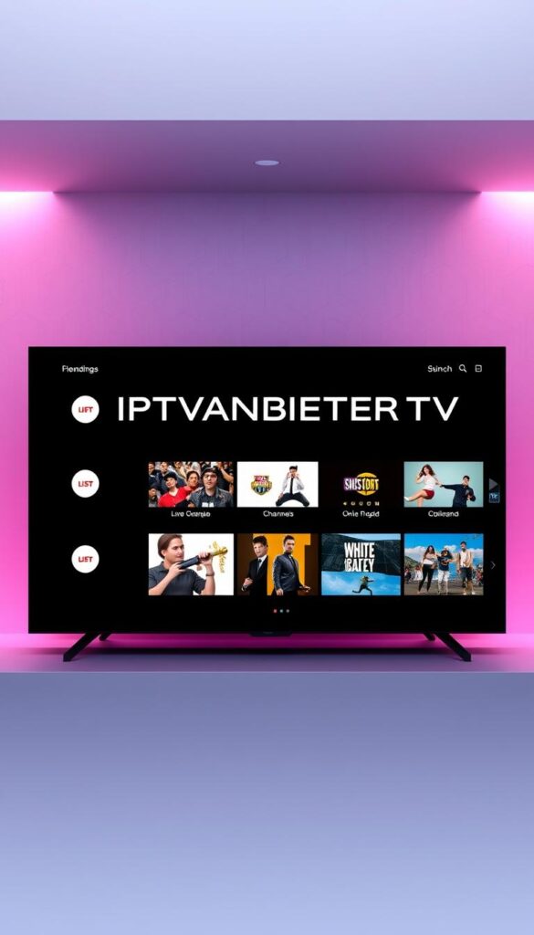 A modern and sleek user interface for an IPTV service, with a minimalist design featuring the brand name "IPTVANBIETERTV" prominently displayed. The interface showcases a clean grid layout highlighting various live TV channels and on-demand content, conveying the premium and high-quality nature of the service. The background is a soft, gradient-based color scheme, creating a calming and sophisticated atmosphere. The overall composition emphasizes the ease of use and accessibility of the IPTV platform, inviting the viewer to explore the diverse content available at their fingertips.