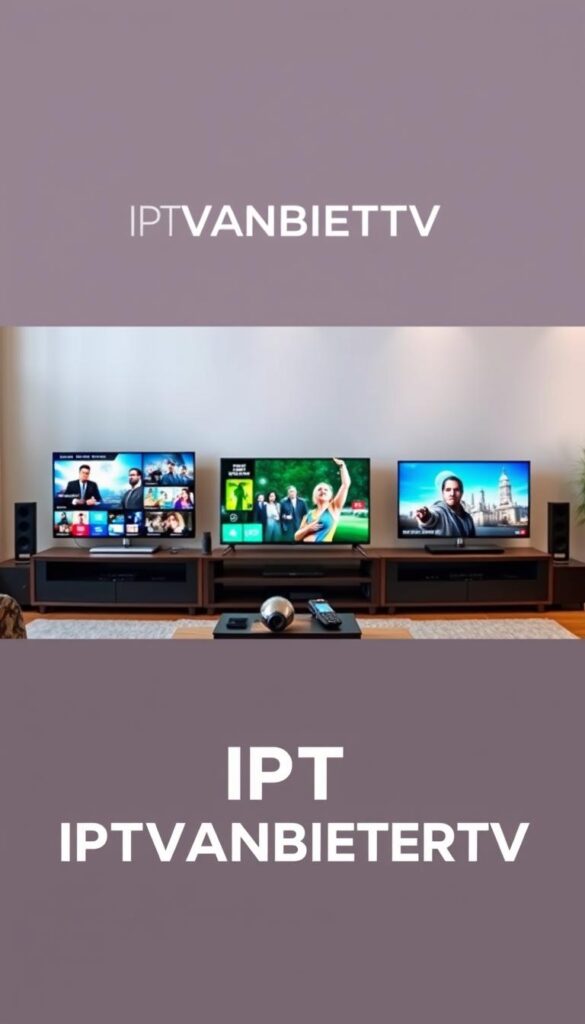 A modern and sleek website interface showcasing the IPTVANBIETERTV brand. The homepage features a bold, minimalist design with a large hero image depicting a living room setup, showcasing IPTV in use on various devices. The foreground highlights the IPTVANBIETERTV logo and tagline, conveying a sense of professionalism and reliability. The middle ground shows multiple screens displaying different IPTV content, from live TV channels to on-demand movies and shows. The background features a clean, slightly blurred interior design with hints of natural lighting, creating a warm and inviting atmosphere. The overall composition emphasizes the convenience, versatility, and high-quality experience of IPTVANBIETERTV's IPTV service.