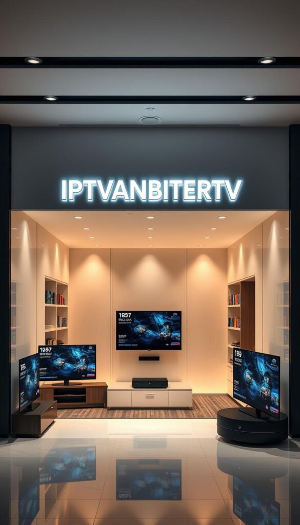 A modern and sophisticated IPTV provider storefront with sleek design elements, featuring the brand "IPTVANBIETERTV" prominently displayed. The scene is set in a stylish, minimalist interior with neutral tones and clean lines, creating a premium and trustworthy atmosphere. Subtle lighting casts a warm glow, highlighting the high-quality hardware and user interface showcased on various devices. The layout emphasizes the provider's reliable service, extensive channel selection, and user-friendly experience, conveying a sense of professionalism and attention to detail.