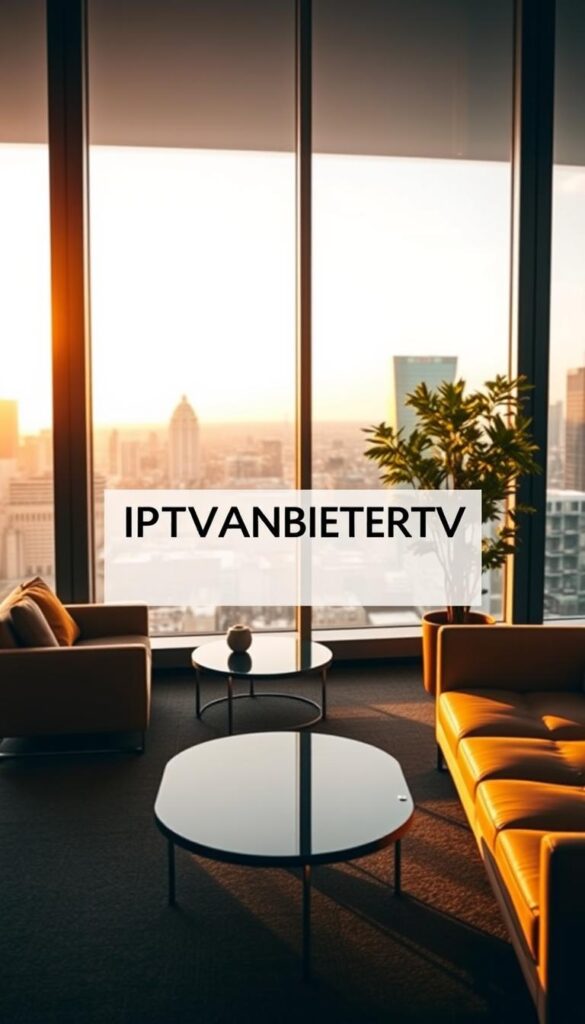 A modern and stylish office interior with sleek furniture and large windows overlooking a vibrant cityscape. The room is bathed in warm, diffused lighting, creating a cozy and professional atmosphere. At the center of the image, a prominent sign proudly displays the brand name "IPTVANBIETERTV" in a bold, contemporary font. The overall scene conveys a sense of technological innovation, reliability, and market leadership associated with this leading IPTV provider in Germany.