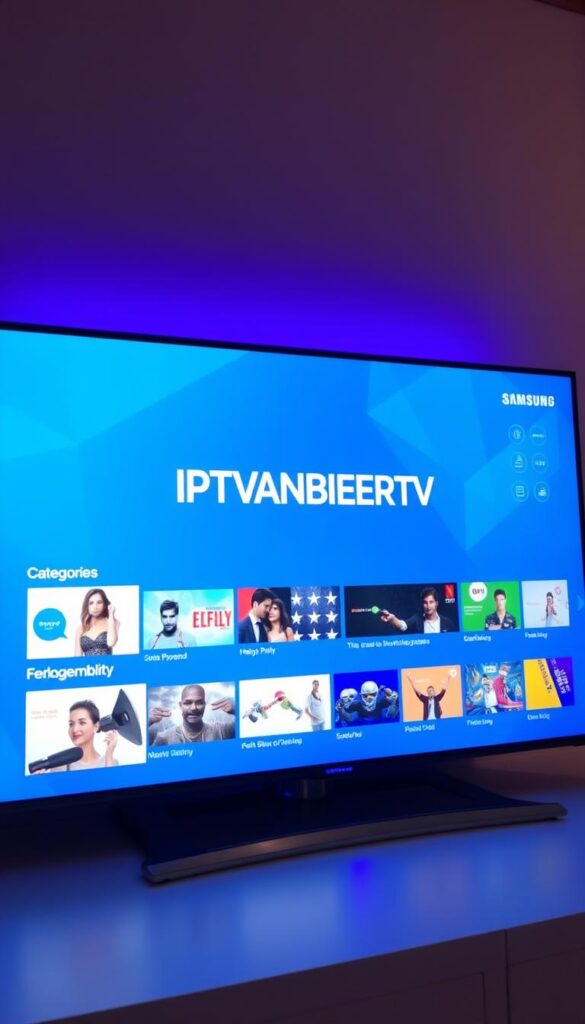 A modern and visually appealing IPTV app interface displayed on a sleek Samsung television. The app logo "IPTVANBIETERTV" prominently featured in the center, surrounded by a clean and minimalistic design. The layout showcases various content categories, highlighted by high-quality thumbnail images and intuitive navigation controls. Soft, diffused lighting illuminates the scene, creating a warm and inviting atmosphere. The television's screen is angled slightly to provide a clear and engaging view of the app's features and functionality. The overall impression conveys a user-friendly, multi-device compatible IPTV solution tailored for the Samsung smart TV ecosystem. A modern and visually appealing IPTV app interface displayed on a sleek Samsung television. The app logo "IPTVANBIETERTV" prominently featured in the center, surrounded by a clean and minimalistic design. The layout showcases various content categories, highlighted by high-quality thumbnail images and intuitive navigation controls. Soft, diffused lighting illuminates the scene, creating a warm and inviting atmosphere. The television's screen is angled slightly to provide a clear and engaging view of the app's features and functionality. The overall impression conveys a user-friendly, multi-device compatible IPTV solution tailored for the Samsung smart TV ecosystem.