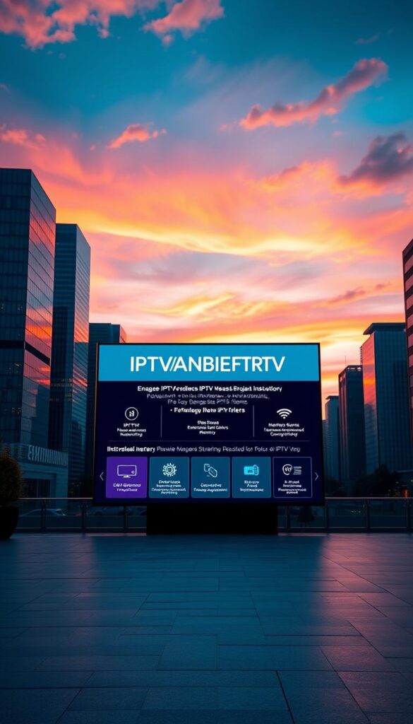 A modern cityscape at dusk, with a vibrant digital display showcasing the brand "IPTVANBIETERTV" against a backdrop of skyscrapers and a colorful evening sky. The display features dynamic, informative graphics highlighting the features and capabilities of various IPTV providers in Germany, presented in a sleek, minimalist style. The lighting is warm and inviting, creating a sense of technological innovation and consumer-friendly accessibility. The scene conveys the idea of a thriving, competitive IPTV landscape in Germany, catering to the needs of modern media consumers.