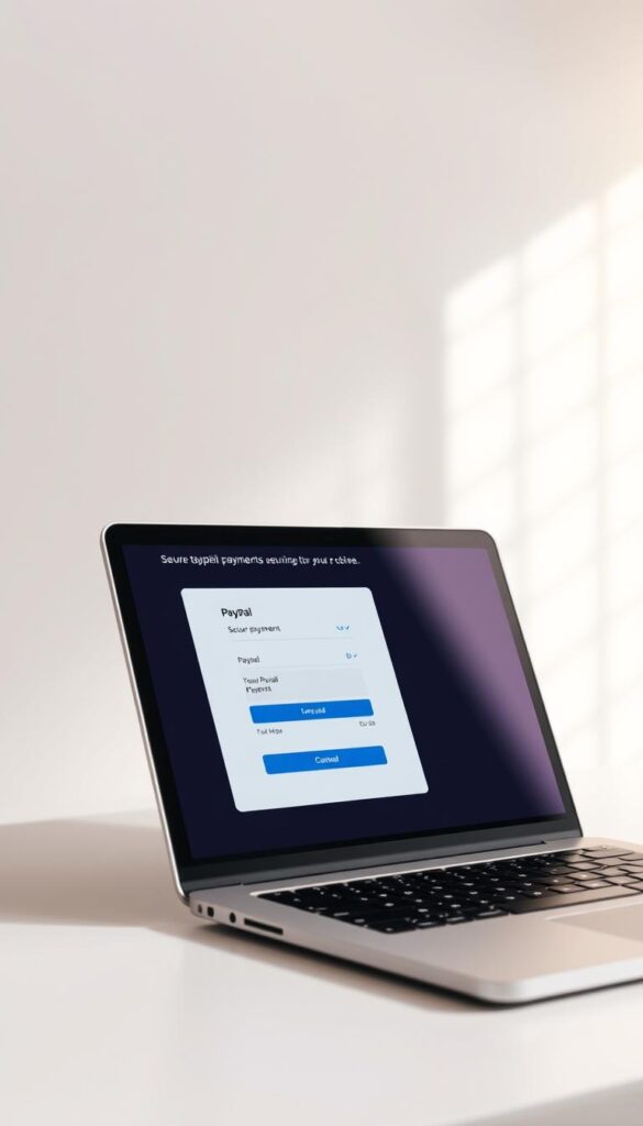 A modern, clean, and professional-looking e-commerce website interface displaying the "IPTVANBIETERTV" brand. The homepage features a prominent hero section showcasing a high-quality, photorealistic image of a person's hand making a secure PayPal payment on a laptop or tablet. The background is simple and uncluttered, with muted colors and subtle, soft lighting to create a calming, trustworthy atmosphere. The overall design conveys a sense of ease, reliability, and security for the user's online transaction. The composition is well-balanced, with the payment interface taking up a significant portion of the frame, and the laptop/tablet device positioned at an angle to create visual interest. The lighting is soft and natural, with highlights and shadows that enhance the depth and realism of the scene.