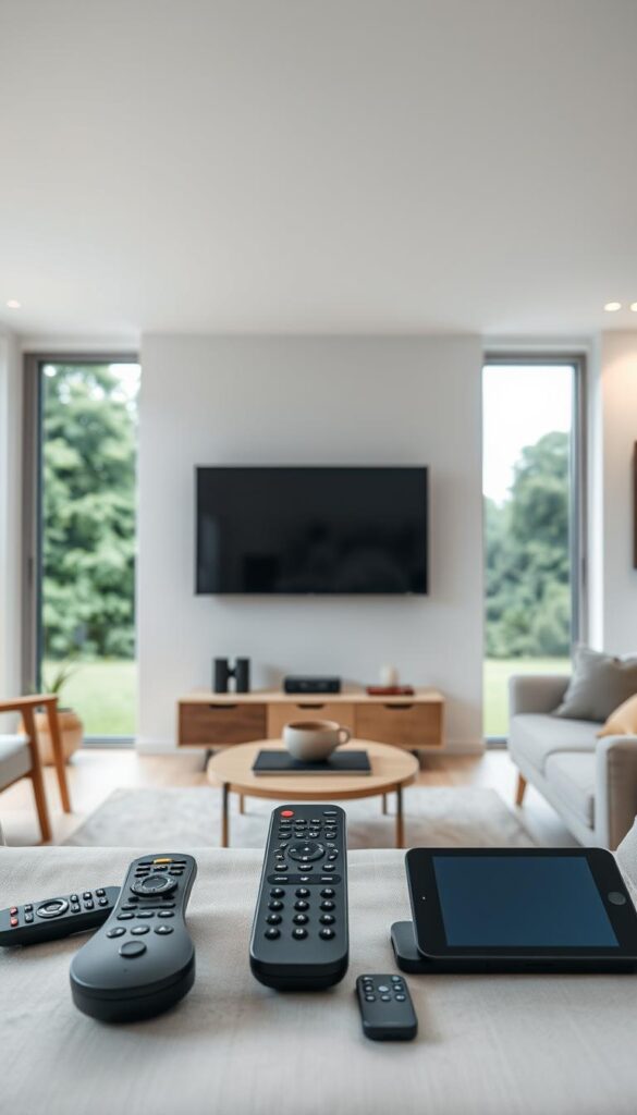 A modern, clean-lined living room interior with a large flatscreen TV mounted on the wall. In the foreground, various remote controls, smartphones, and tablets are arranged, showcasing the IPTVANBIETERTV's multi-device support. Soft, diffused lighting from hidden sources illuminates the scene, creating a warm and inviting atmosphere. The room features minimalist, Scandinavian-inspired furniture in natural wood tones and neutral fabrics. Large windows provide a view of a lush, green outdoor landscape, blending the indoor and outdoor spaces. The overall composition emphasizes the convenience and flexibility of IPTVANBIETERTV's streaming services, allowing users to watch content on their device of choice, anywhere in the home.