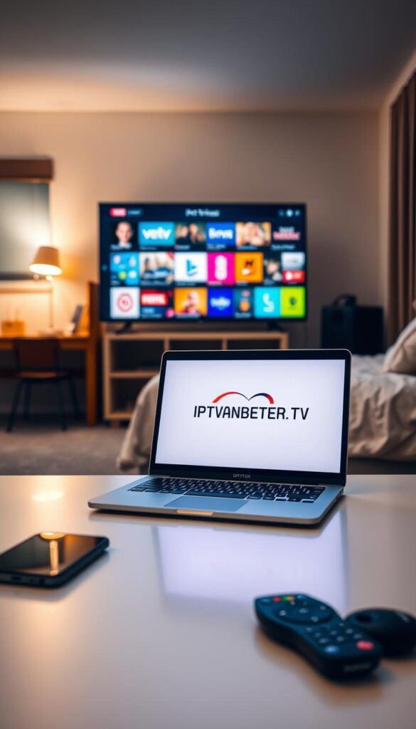 A modern college dorm room with a cozy atmosphere, a laptop on the desk displaying the IPTVANBIETERTV logo, a smartphone and remote control in the foreground, and a large TV screen on the wall showcasing a diverse range of entertainment options. The room is well-lit with a warm, inviting glow, and the overall scene conveys the idea of a student enjoying affordable and flexible IPTV services that cater to their needs and budget.