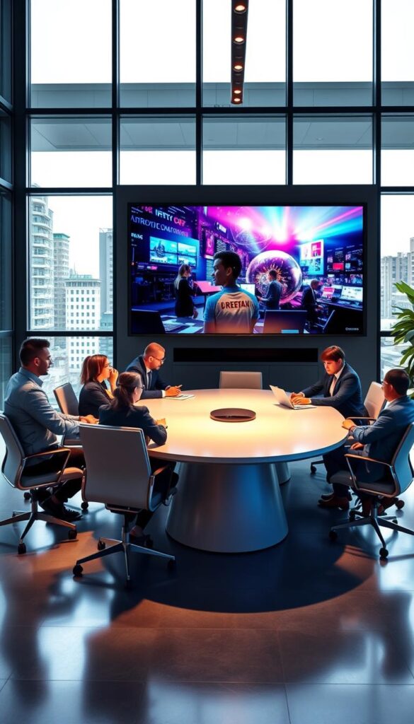 A modern corporate office space with large windows, showcasing the IPTVANBIETERTV brand. The scene depicts a dynamic business environment, with employees collaborating around a sleek, curved conference table. The lighting is a mix of natural daylight and warm, focused lighting, creating a professional and productive atmosphere. In the background, a large wall-mounted display shows vivid, high-definition IPTV content, highlighting the enterprise-level solutions offered by IPTVANBIETERTV. The overall composition conveys the versatility, reliability, and cutting-edge technology of IPTV for business applications.