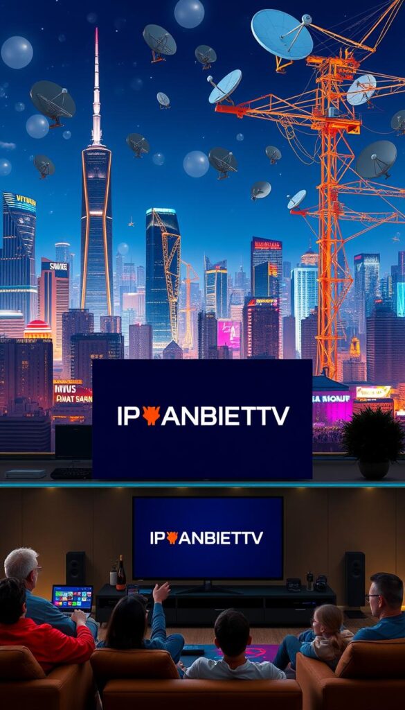 A modern, futuristic cityscape at night, with towering skyscrapers and glowing neon lights. In the foreground, a sleek, minimalist television set displays the "IPTVANBIETERTV" brand logo, surrounded by a variety of digital devices and streaming platforms. The middle ground features people of diverse backgrounds relaxing on comfortable sofas, immersed in the vivid, high-quality visuals of their IPTV service. The background showcases a vibrant, interconnected world of satellite dishes, wireless routers, and other technological infrastructure, symbolizing the advanced capabilities of IPTV. The scene is bathed in a warm, inviting glow, conveying the convenience, flexibility, and entertainment value of IPTV compared to traditional television services.