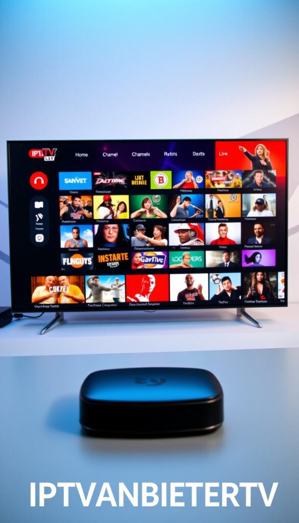 A modern, high-definition IPTV service showcasing a comprehensive selection of live channels, on-demand content, and advanced features. The foreground depicts the IPTVANBIETERTV logo prominently displayed, conveying the brand's identity. The middle ground features a dynamic grid layout showcasing various channel categories and program thumbnails, highlighting the depth and breadth of the IPTV offering. The background features a sleek, minimalist design with subtle gradients and geometric shapes, creating a sense of technological sophistication. The lighting is crisp and clean, with a balanced use of highlights and shadows to accentuate the visual elements. The overall composition should convey a sense of professionalism, quality, and the robust IPTV service that IPTVANBIETERTV provides.