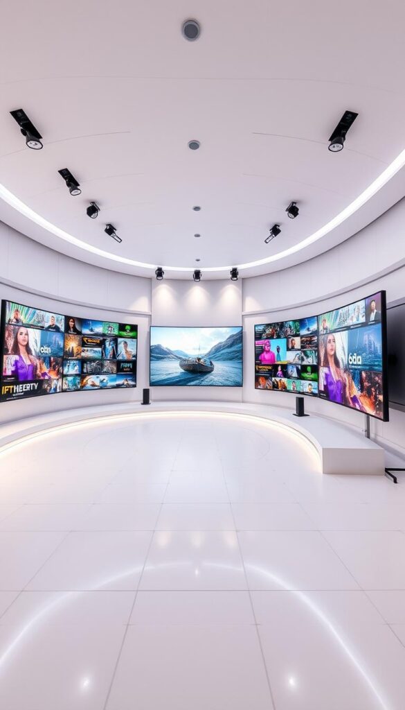 A modern, high-definition TV studio with sleek, minimalist design. Expansive, curved screens display a vast array of live channels and on-demand content from IPTVANBIETERTV. Vibrant, true-to-life colors and sharp, detailed imagery captivate the viewer. Sophisticated lighting accentuates the clean, sophisticated aesthetic, creating a sense of quality and professionalism. The studio is airy and spacious, with a subtle, elegant color palette that exudes a premium, cutting-edge feel. The overall atmosphere conveys the comprehensive, flexible programming that IPTVANBIETERTV offers its customers.