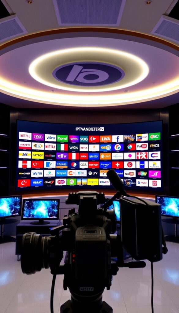 A modern, high-definition television studio with a sleek, contemporary design. The IPTVANBIETERTV logo is prominently displayed on the back wall, illuminated by soft, warm lighting. A large, curved LED screen dominates the center of the frame, showcasing a diverse array of international television channels. In the foreground, a professional-grade camera and production equipment are positioned, ready to capture the dynamic and engaging content. The overall atmosphere is one of technological sophistication and visual excellence, perfectly suited to highlight the extensive channel offerings of IPTVANBIETERTV. A modern, high-definition television studio with a sleek, contemporary design. The IPTVANBIETERTV logo is prominently displayed on the back wall, illuminated by soft, warm lighting. A large, curved LED screen dominates the center of the frame, showcasing a diverse array of international television channels. In the foreground, a professional-grade camera and production equipment are positioned, ready to capture the dynamic and engaging content. The overall atmosphere is one of technological sophistication and visual excellence, perfectly suited to highlight the extensive channel offerings of IPTVANBIETERTV.