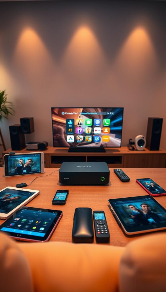 A modern, high-end home entertainment system with multiple smart devices seamlessly connected. In the center, a sleek and sophisticated IPTVANBIETERTV box, the hub of the setup, with a crisp, high-definition display showcasing its intuitive interface. Surrounding it, various tablets, smartphones, and remote controls, all working in harmony to provide a truly integrated multi-device experience. The lighting is warm and inviting, creating a cozy, living room atmosphere. The angle showcases the devices from a slightly elevated perspective, emphasizing the cohesive and streamlined nature of the setup. The overall mood is one of technological sophistication, convenience, and the seamless integration of smart home technology.