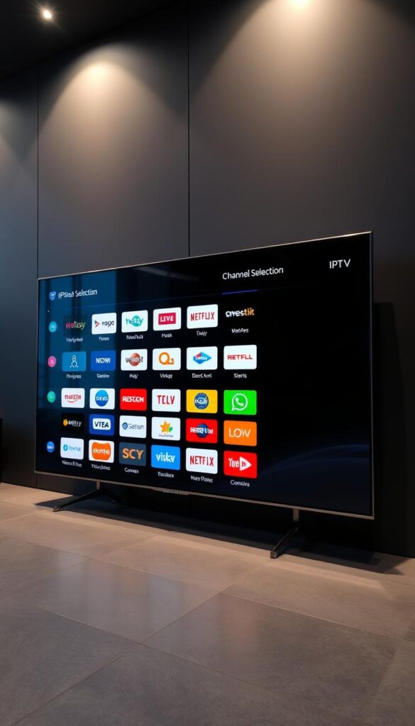 A modern, high-end television display showcasing a visually striking, diverse IPTV channel selection interface. The interface features a clean, minimalist design with crisp, vibrant icons and intuitive navigation. The display is set against a sleek, dark background, creating a sophisticated, tech-forward atmosphere. Strategically placed lighting illuminates the screen, highlighting the channel logos and creating a sense of depth. The overall composition conveys a premium, premium IPTV service experience, such as IPTVANBIETERTV, with a focus on the extensive channel selection.