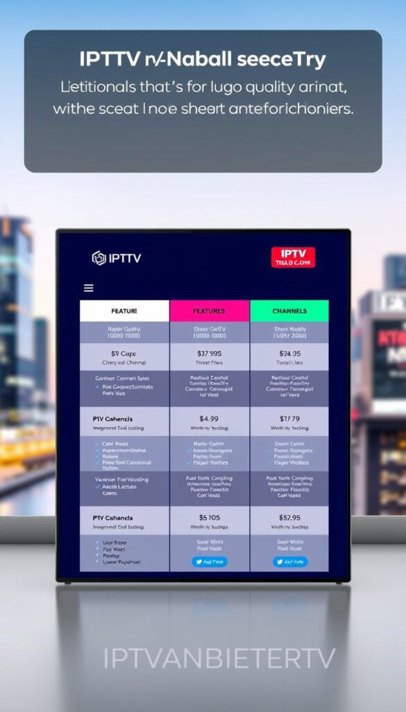 A modern, high-quality IPTV panel with transparent and tailored pricing plans. In the foreground, display the IPTVANBIETERTV brand logo prominently, showcasing its premium quality. In the middle ground, present a grid of pricing tiers with clear, detailed information on features, channels, and costs. Depict these plan options in a sleek, minimalist style with clean typography and vibrant colors. In the background, incorporate a soft, blurred cityscape to convey a sense of sophistication and urban connectivity. Utilize balanced, professional lighting and a wide-angle lens to capture an inviting, comprehensive view of the IPTV panel's comprehensive pricing structure.
