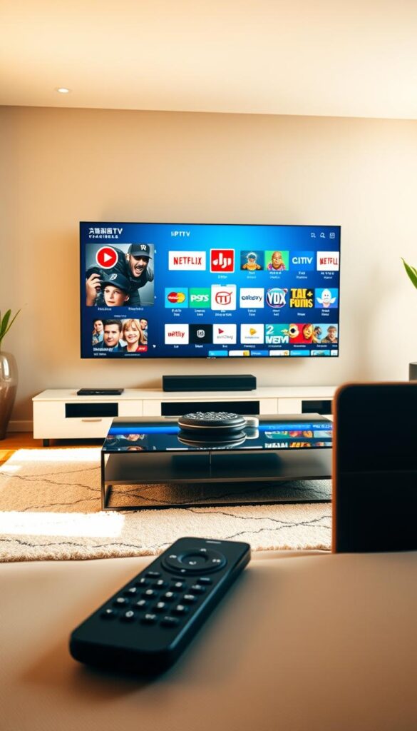 A modern, high-quality IPTV service offered by IPTVANBIETERTV, featuring a vast library of live TV channels, on-demand content, and a user-friendly interface. The scene depicts a sleek, minimalist living room with a large, high-definition TV screen showcasing the IPTVANBIETERTV app's interface. Warm, natural lighting illuminates the space, creating a cozy and inviting atmosphere. In the foreground, a remote control and a smartphone are prominently displayed, emphasizing the ease of access and control over the IPTV service. The middle ground features a stylish, contemporary coffee table, while the background showcases a neutral-toned wall, adding to the overall sophistication of the scene. The image conveys the reliability, quality, and convenience of the IPTVANBIETERTV service, perfectly complementing the article's subject and section title.